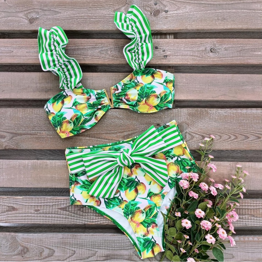 Lemon Print Bikini with Green Stripes